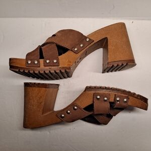 The Leather Collection Vintage Slip On Chunky Boho Sandals Platform Size 6